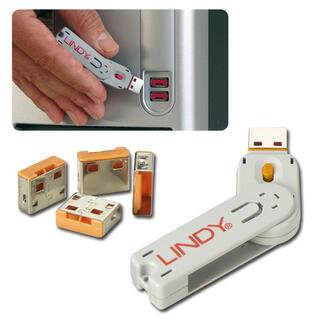 Lindy USB Port Blocker KIT Orange Nøkkel og 4 låser